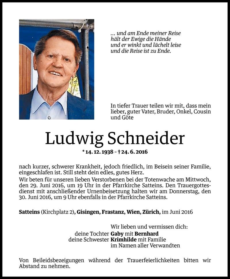  Todesanzeige für Ludwig Schneider vom 27.06.2016 aus Vorarlberger Nachrichten