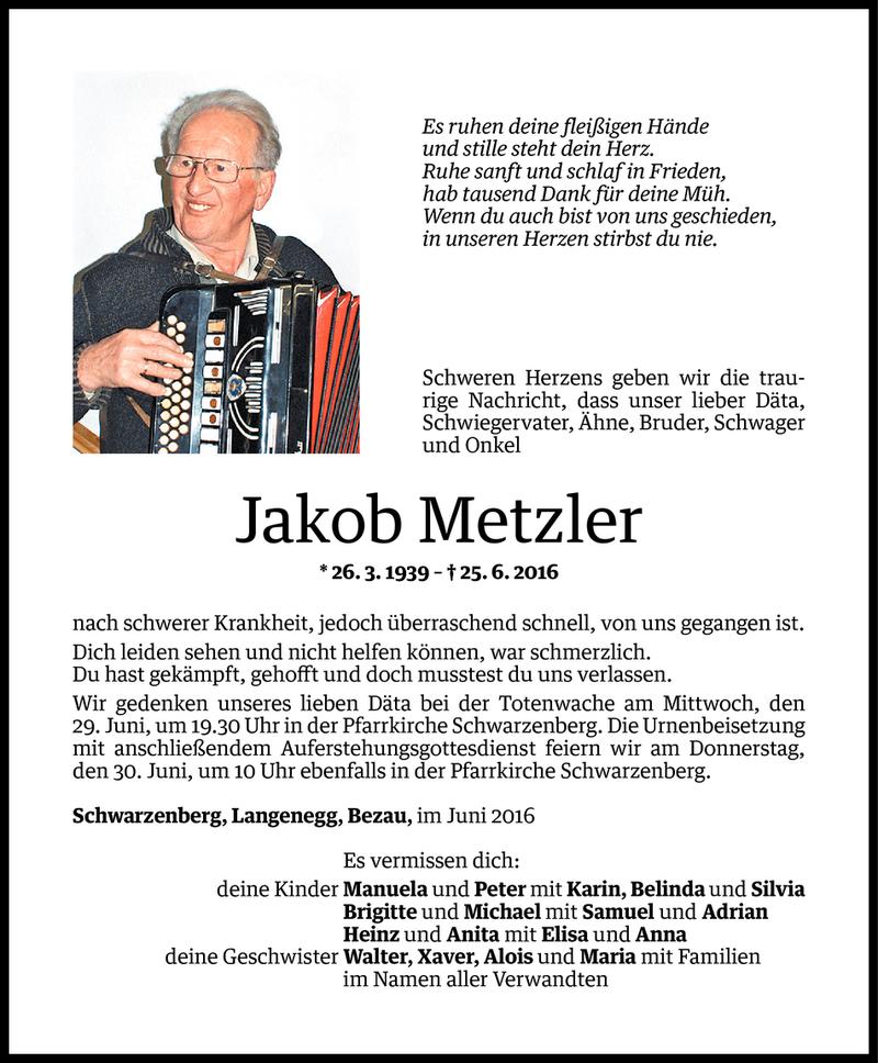  Todesanzeige für Jakob Metzler vom 27.06.2016 aus Vorarlberger Nachrichten