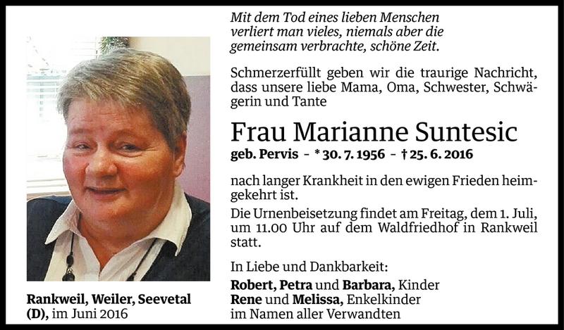  Todesanzeige für Marianne Suntesic vom 28.06.2016 aus Vorarlberger Nachrichten