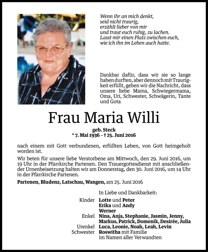  Todesanzeige für Maria Willi vom 27.06.2016 aus Vorarlberger Nachrichten