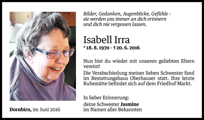  Todesanzeige für Isabell Irra vom 29.06.2016 aus Vorarlberger Nachrichten