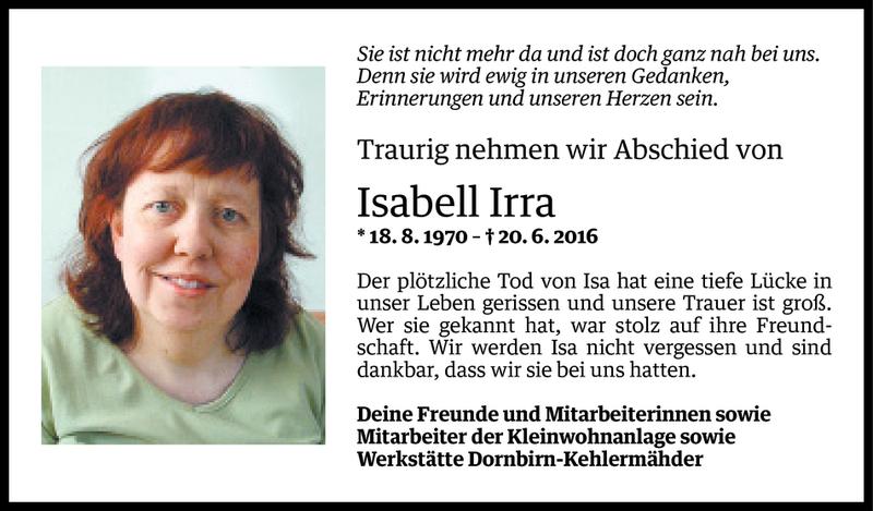  Todesanzeige für Isabell Irra vom 29.06.2016 aus Vorarlberger Nachrichten