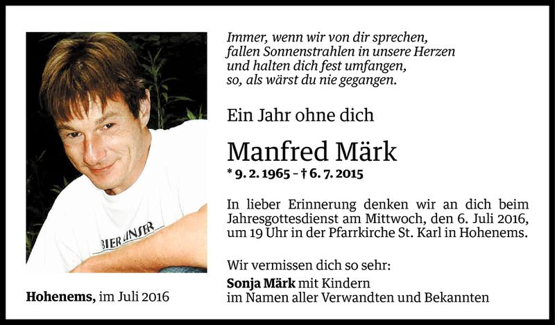  Todesanzeige für Manfred Märk vom 30.06.2016 aus Vorarlberger Nachrichten