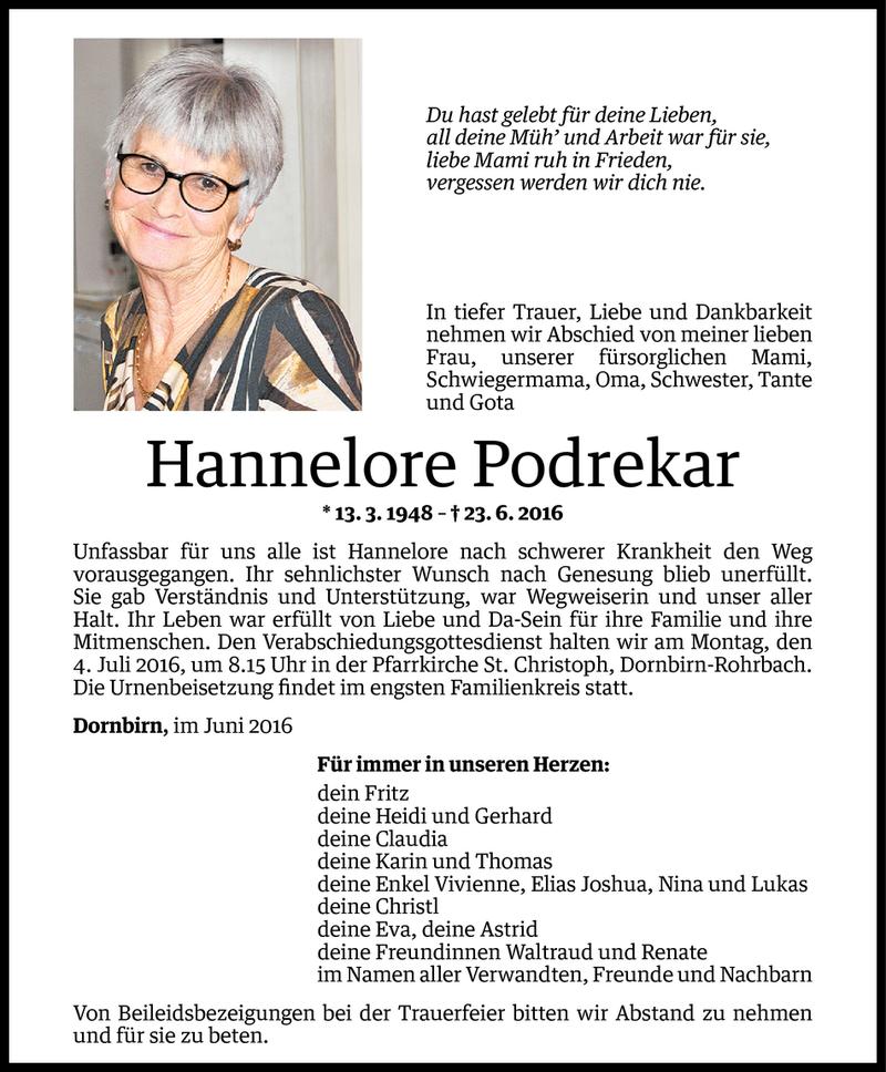  Todesanzeige für Hannelore Podrekar vom 28.06.2016 aus Vorarlberger Nachrichten