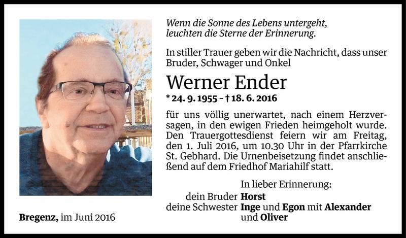  Todesanzeige für Werner Ender vom 28.06.2016 aus Vorarlberger Nachrichten