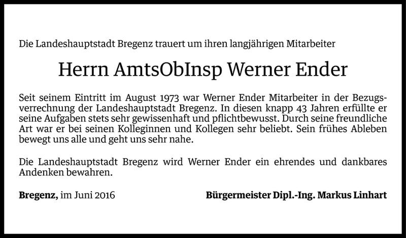  Todesanzeige für Werner Ender vom 28.06.2016 aus Vorarlberger Nachrichten