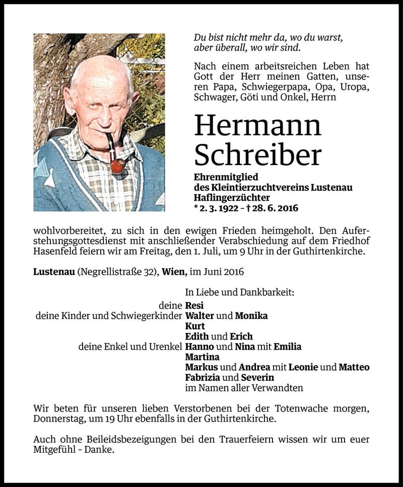  Todesanzeige für Hermann Schreiber vom 28.06.2016 aus Vorarlberger Nachrichten