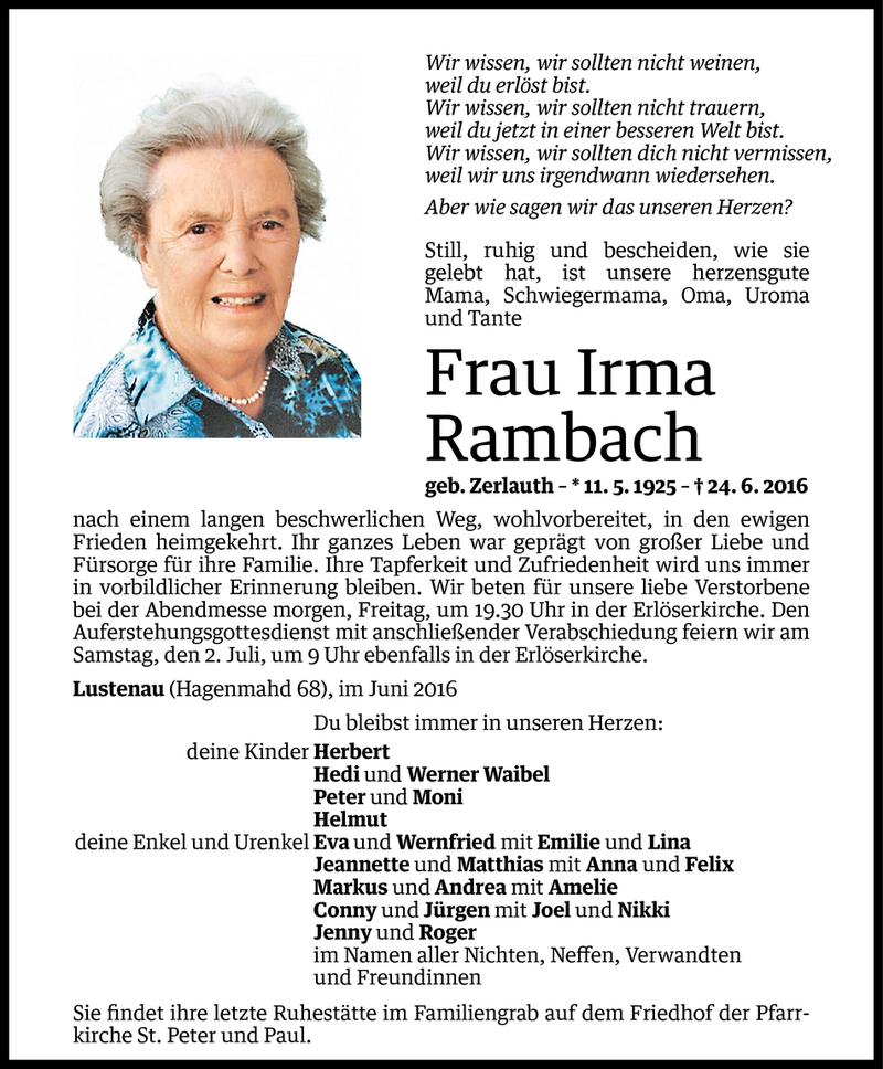  Todesanzeige für Irma Rambach vom 29.06.2016 aus Vorarlberger Nachrichten