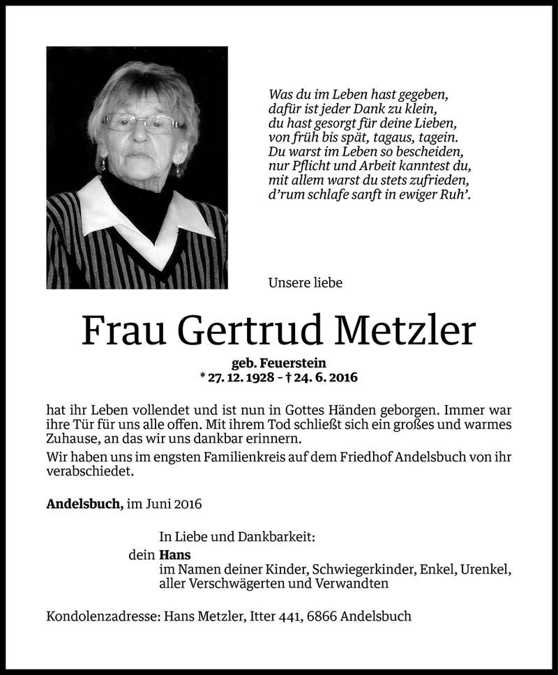  Todesanzeige für Gertrud Metzler vom 30.06.2016 aus Vorarlberger Nachrichten