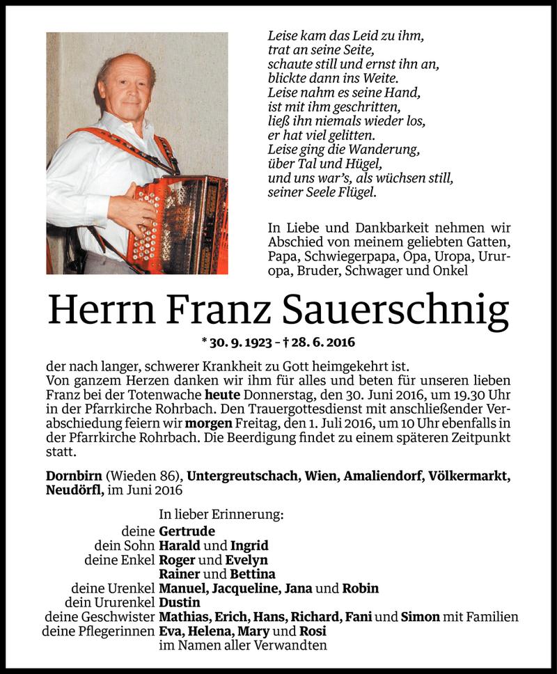  Todesanzeige für Franz Sauerschnig vom 29.06.2016 aus Vorarlberger Nachrichten