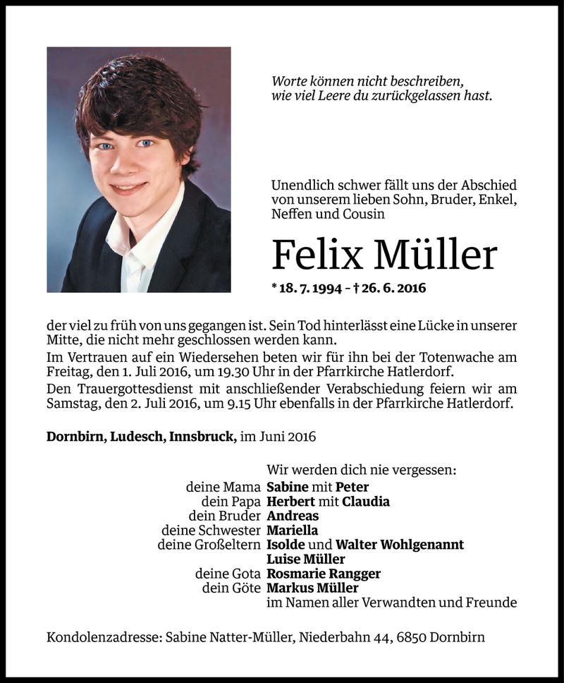  Todesanzeige für Felix Müller vom 29.06.2016 aus Vorarlberger Nachrichten