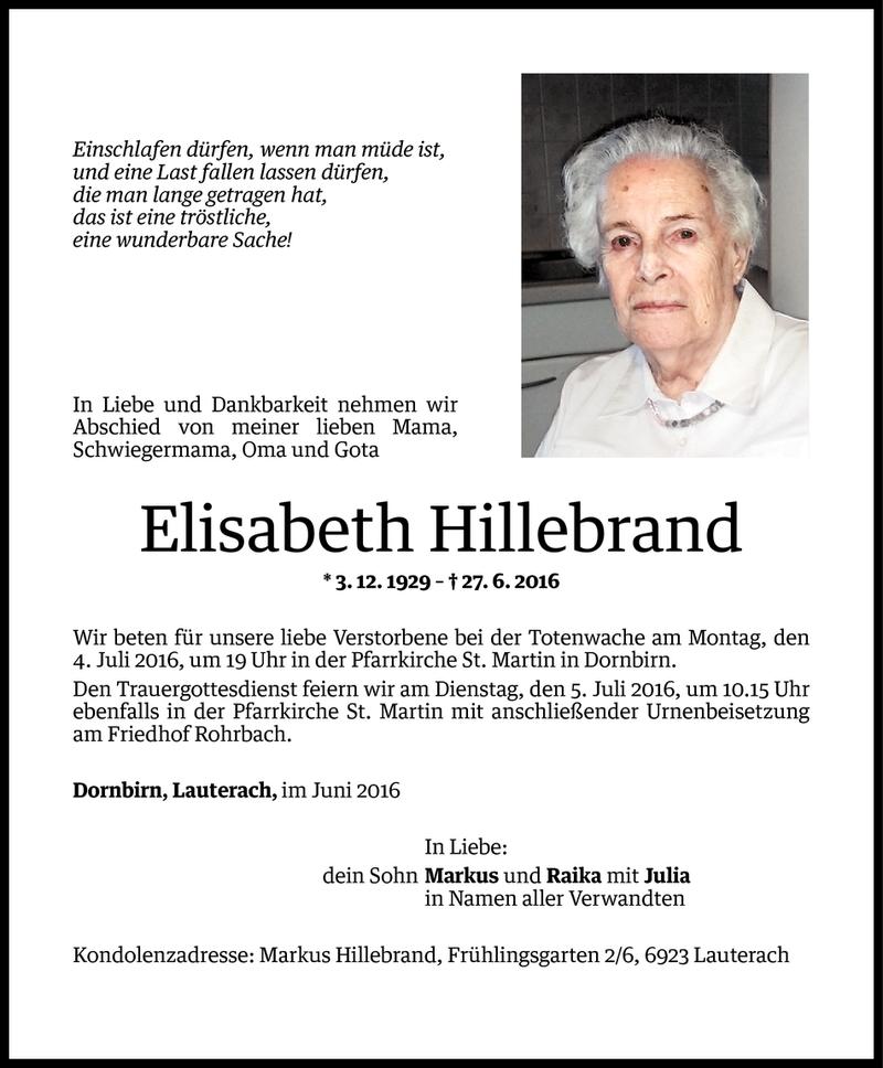  Todesanzeige für Elisabeth Hillebrand vom 30.06.2016 aus Vorarlberger Nachrichten