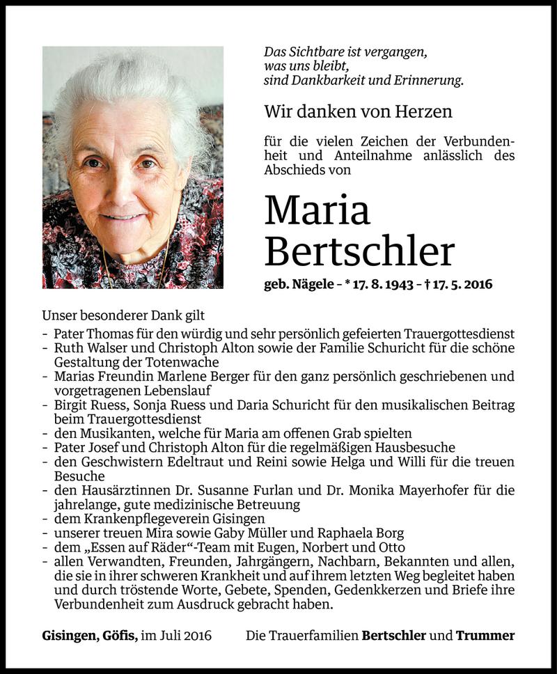  Todesanzeige für Maria Bertschler vom 01.07.2016 aus Vorarlberger Nachrichten