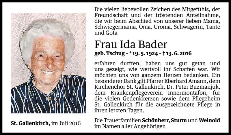  Todesanzeige für Ida Bader vom 30.06.2016 aus Vorarlberger Nachrichten