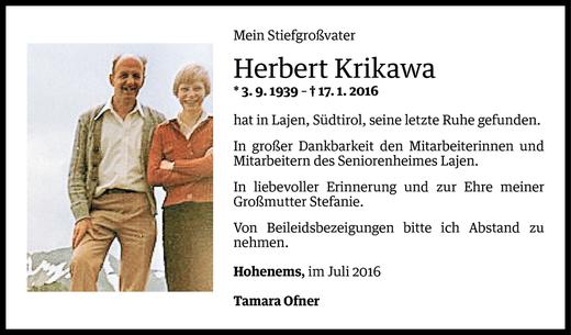 Todesanzeige von Herbert Krikawa von Vorarlberger Nachrichten