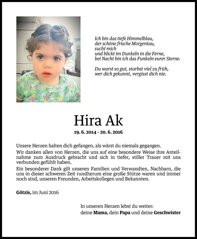  Todesanzeige für Hira Ak vom 01.07.2016 aus Vorarlberger Nachrichten