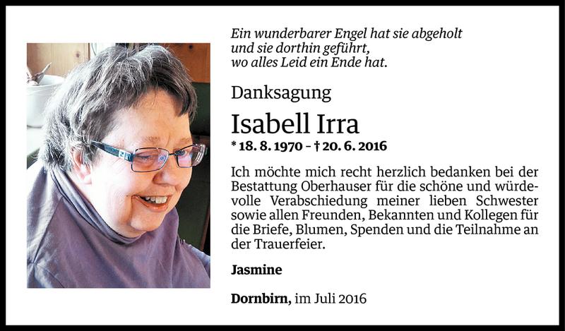  Todesanzeige für Isabell Irra vom 01.07.2016 aus Vorarlberger Nachrichten