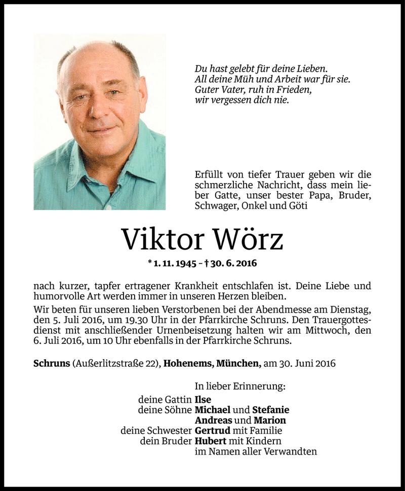  Todesanzeige für Viktor Wörz vom 01.07.2016 aus Vorarlberger Nachrichten
