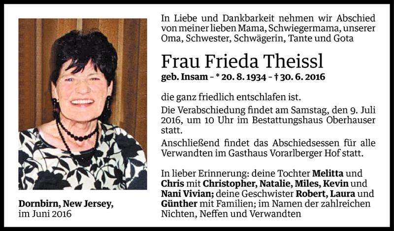  Todesanzeige für Frieda Theissl vom 01.07.2016 aus Vorarlberger Nachrichten