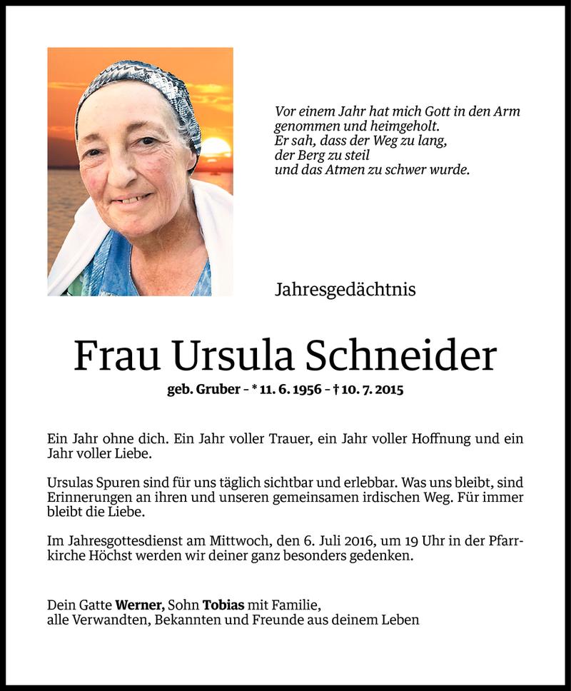  Todesanzeige für Ursula Schneider vom 03.07.2016 aus Vorarlberger Nachrichten