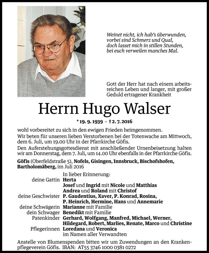  Todesanzeige für Hugo Walser vom 05.07.2016 aus Vorarlberger Nachrichten