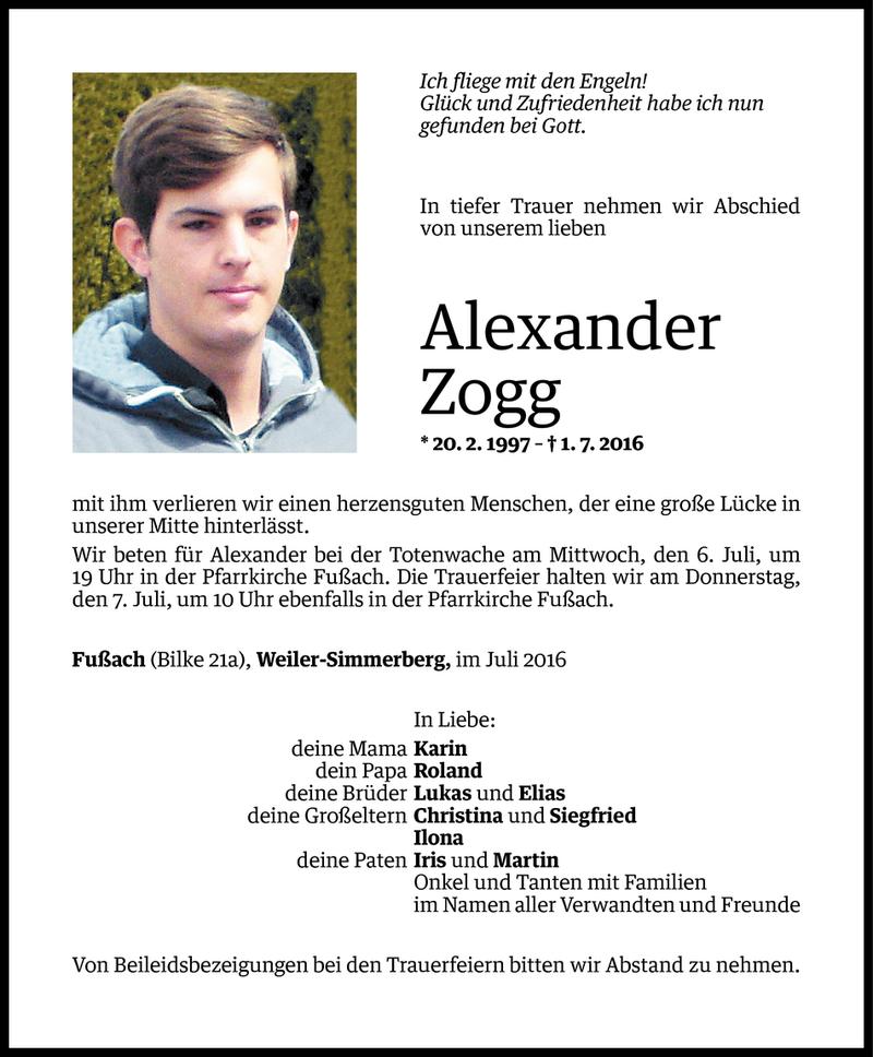  Todesanzeige für Alexander Zogg vom 04.07.2016 aus Vorarlberger Nachrichten