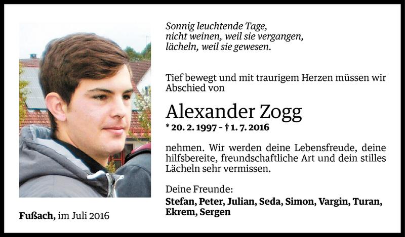  Todesanzeige für Alexander Zogg vom 04.07.2016 aus Vorarlberger Nachrichten