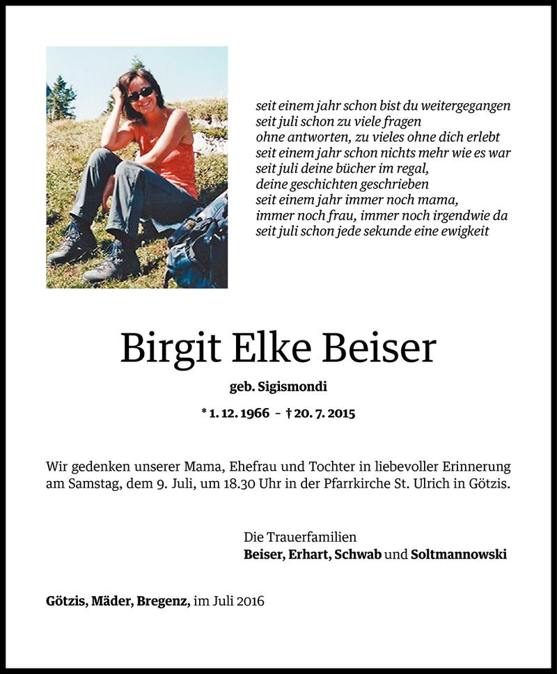  Todesanzeige für Birgit Elke Beiser vom 05.07.2016 aus Vorarlberger Nachrichten