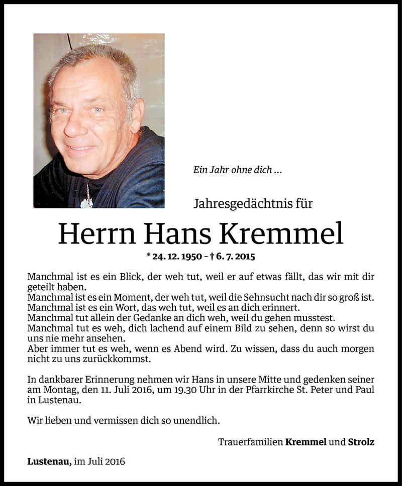  Todesanzeige für Hans Kremmel vom 05.07.2016 aus Vorarlberger Nachrichten