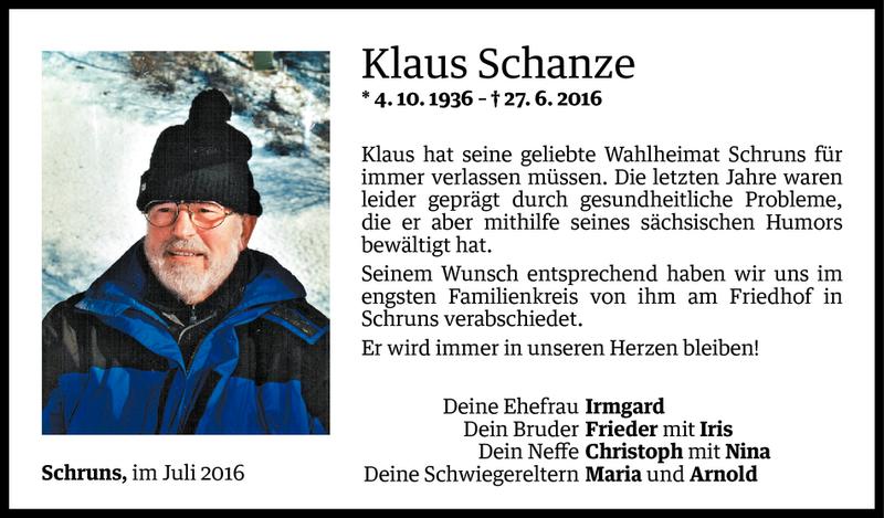  Todesanzeige für Klaus Schanze vom 09.07.2016 aus Vorarlberger Nachrichten