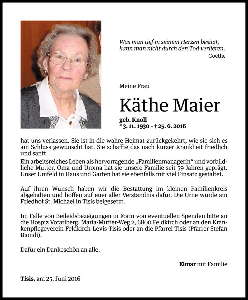  Todesanzeige für Käthe Maier vom 06.07.2016 aus Vorarlberger Nachrichten