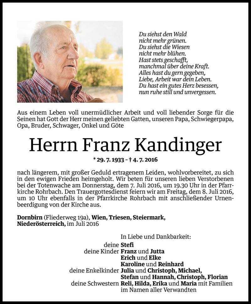  Todesanzeige für Franz Kandinger vom 05.07.2016 aus Vorarlberger Nachrichten