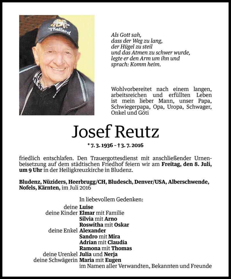  Todesanzeige für Josef Reutz vom 06.07.2016 aus Vorarlberger Nachrichten