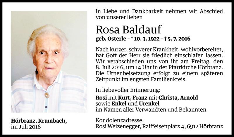  Todesanzeige für Rosa Baldauf vom 06.07.2016 aus Vorarlberger Nachrichten