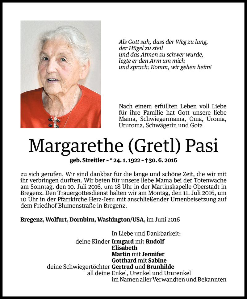  Todesanzeige für Margarethe Pasi vom 07.07.2016 aus Vorarlberger Nachrichten