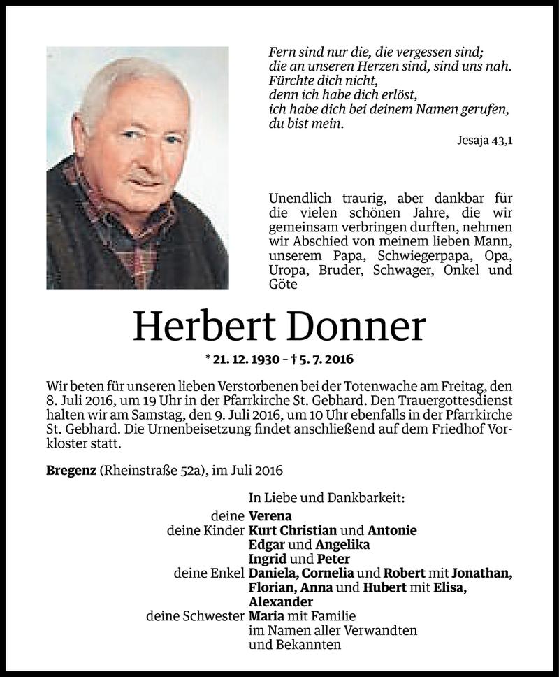  Todesanzeige für Herbert Donner vom 06.07.2016 aus Vorarlberger Nachrichten