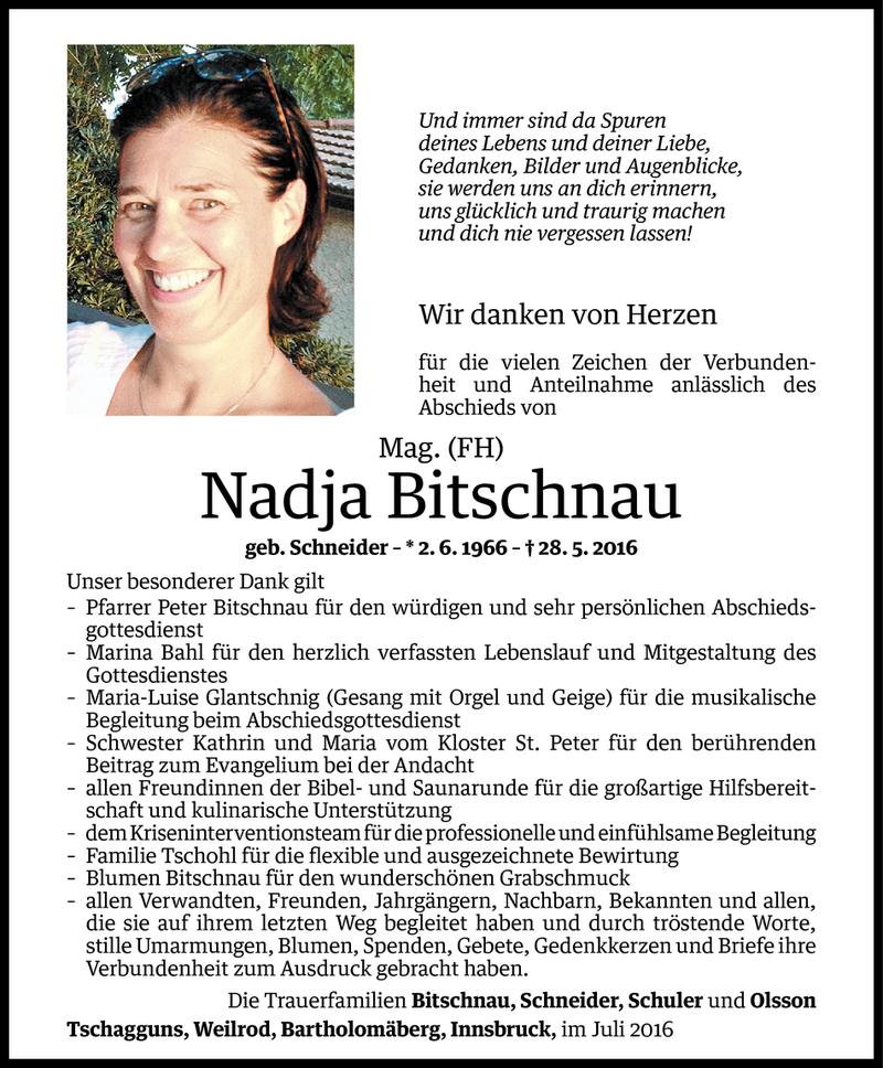  Todesanzeige für Nadja Bitschnau vom 08.07.2016 aus Vorarlberger Nachrichten