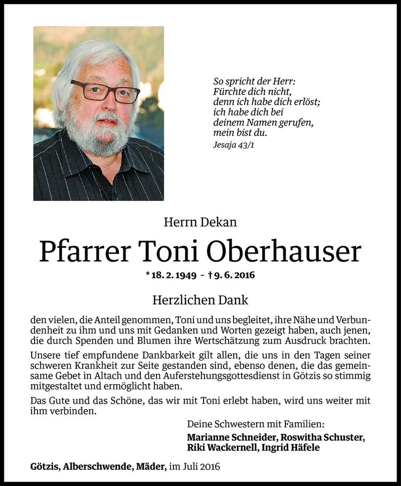  Todesanzeige für Toni Oberhauser vom 09.07.2016 aus Vorarlberger Nachrichten