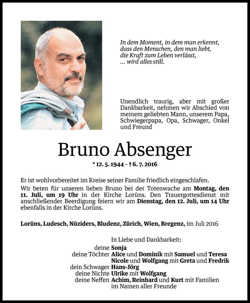  Todesanzeige für Bruno Absenger vom 09.07.2016 aus Vorarlberger Nachrichten