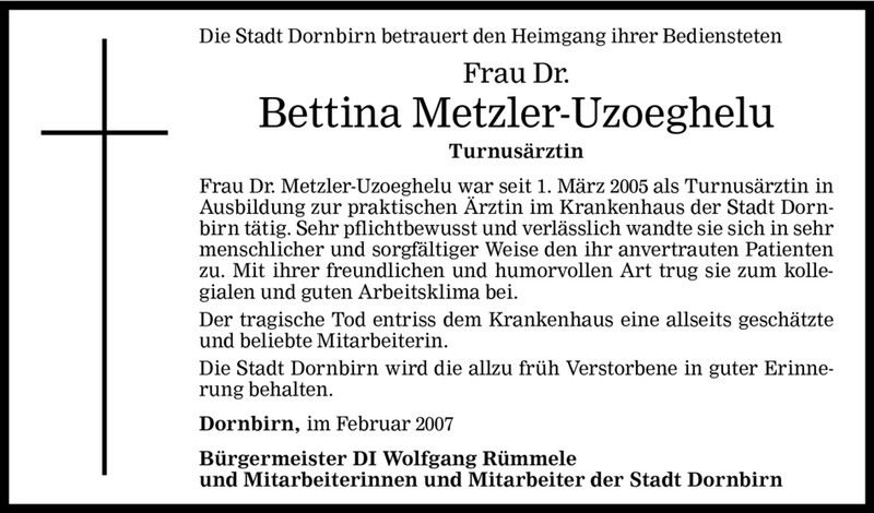  Todesanzeige für Bettina Metzler-Uzoeghelu vom 03.02.2007 aus Vorarlberger Nachrichten