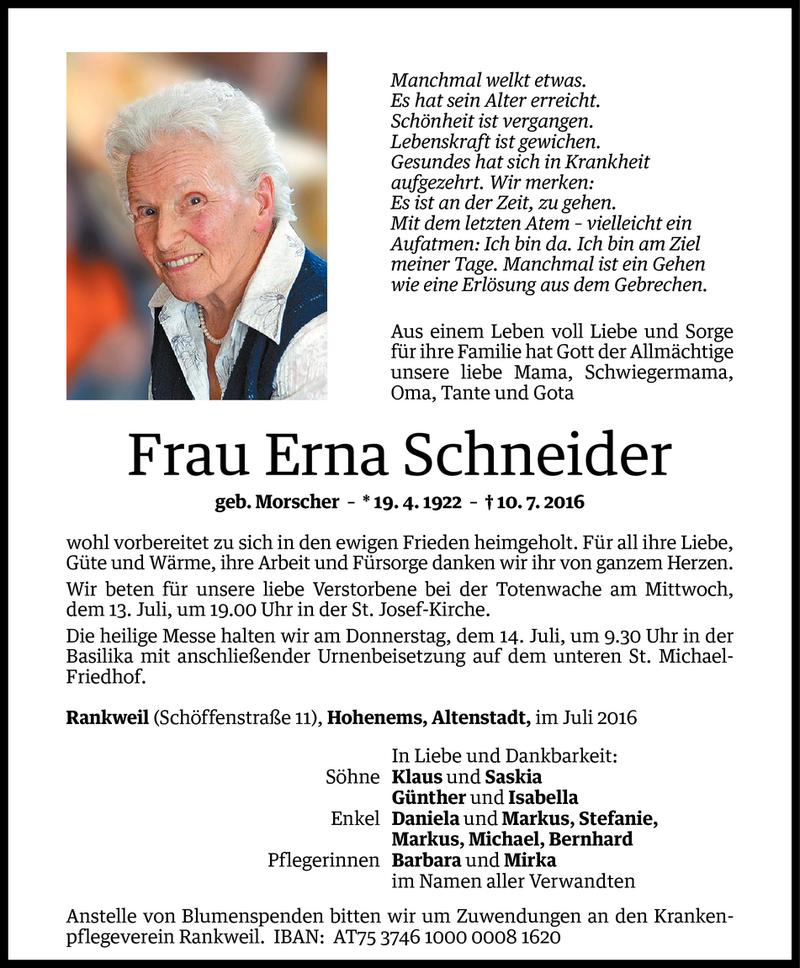  Todesanzeige für Erna Schneider vom 12.07.2016 aus Vorarlberger Nachrichten