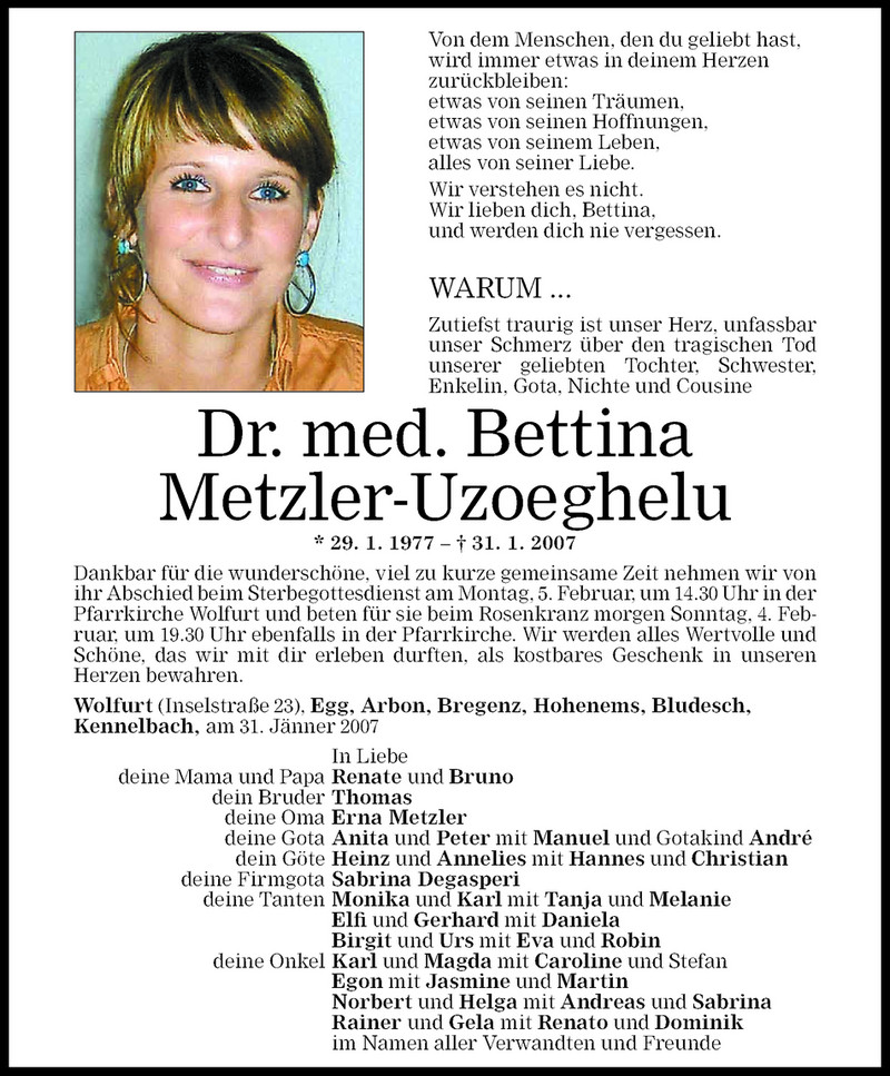  Todesanzeige für Bettina Metzler-Uzoeghelu vom 03.02.2007 aus Vorarlberger Nachrichten