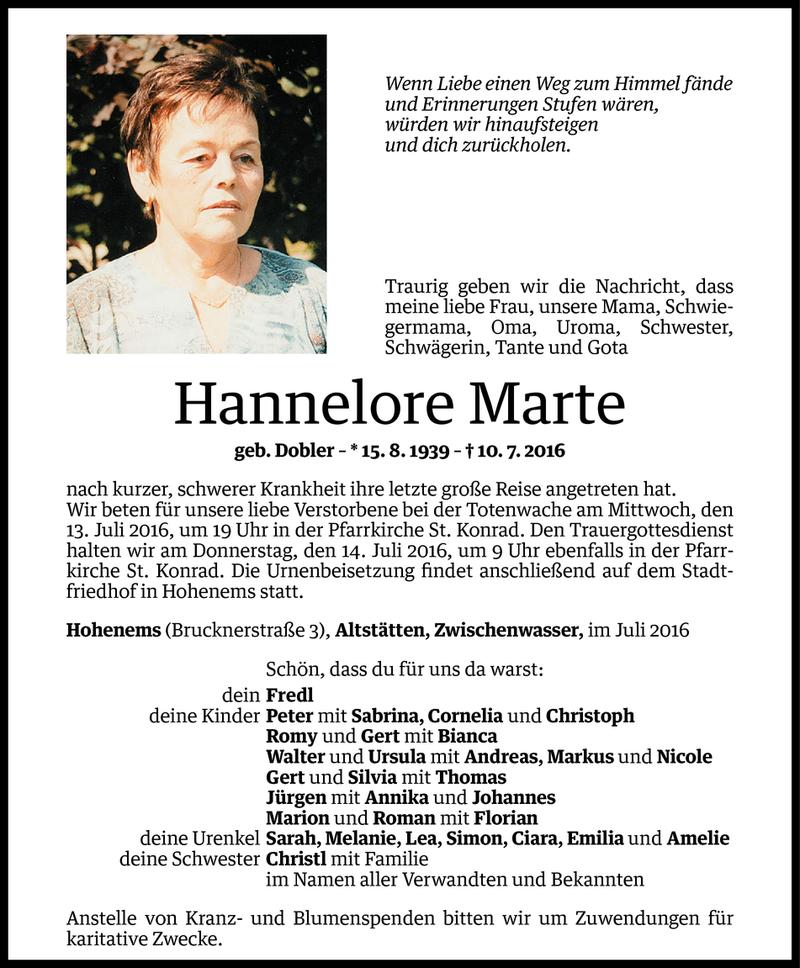  Todesanzeige für Hannelore Marte vom 11.07.2016 aus Vorarlberger Nachrichten