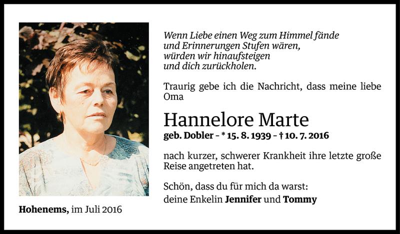  Todesanzeige für Hannelore Marte vom 11.07.2016 aus Vorarlberger Nachrichten