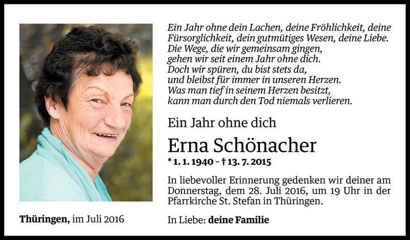  Todesanzeige für Erna Schönacher vom 12.07.2016 aus Vorarlberger Nachrichten