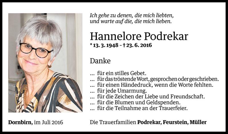  Todesanzeige für Hannelore Podrekar vom 12.07.2016 aus Vorarlberger Nachrichten