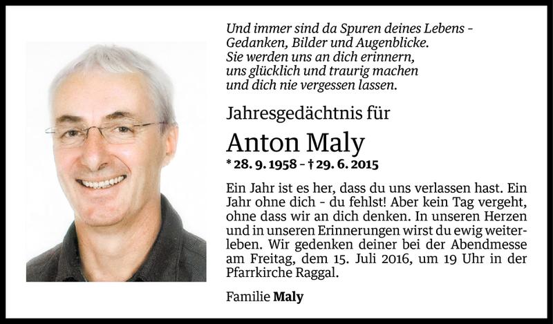  Todesanzeige für Anton Maly vom 12.07.2016 aus Vorarlberger Nachrichten