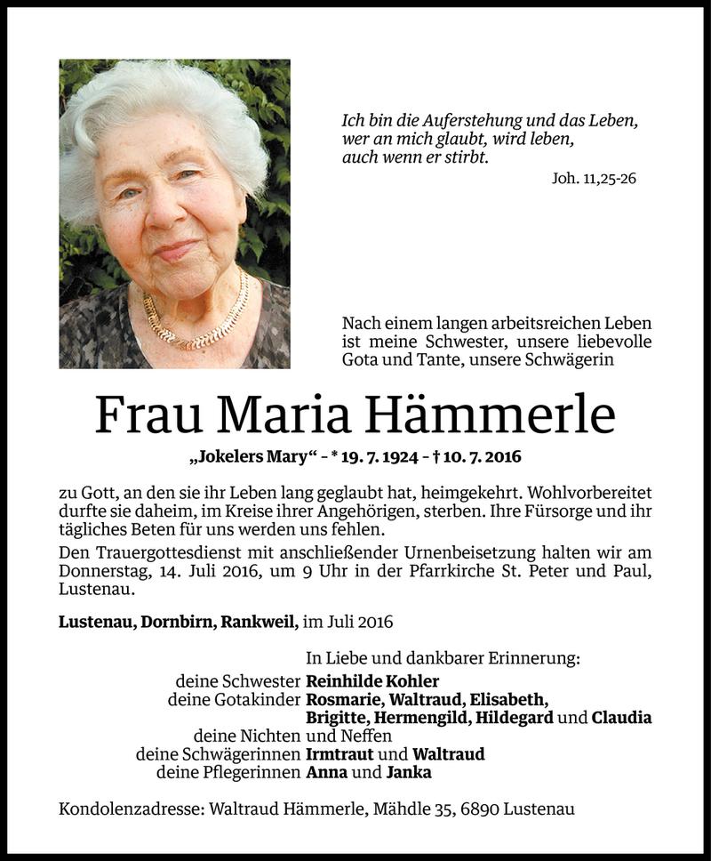  Todesanzeige für Maria Hämmerle vom 12.07.2016 aus Vorarlberger Nachrichten