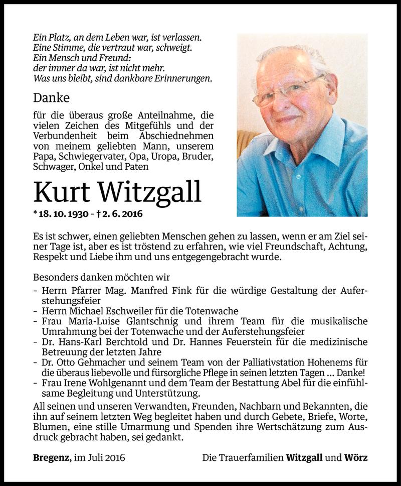  Todesanzeige für Kurt Witzgall vom 15.07.2016 aus Vorarlberger Nachrichten
