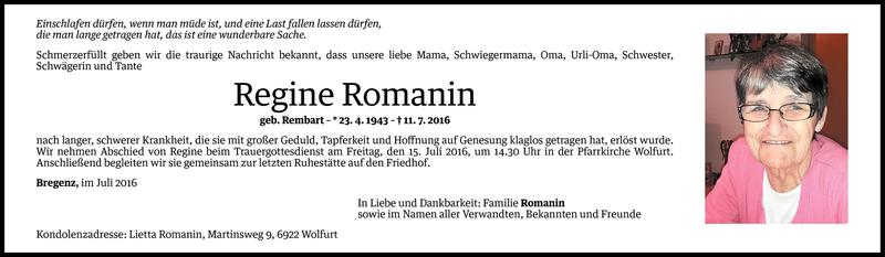  Todesanzeige für Regine Romanin vom 12.07.2016 aus Vorarlberger Nachrichten